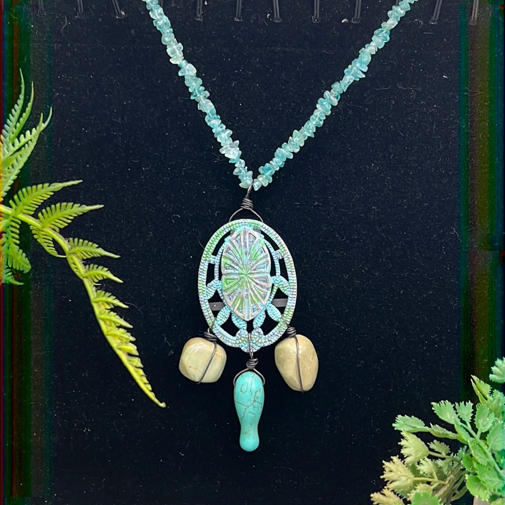Adorned Crown necklace artisan assemblage fluorite turquoise stone & metal