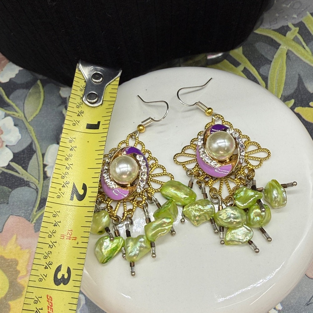Adorned Crown Jewelry assemblage purple enamel green pearl filigree earrings