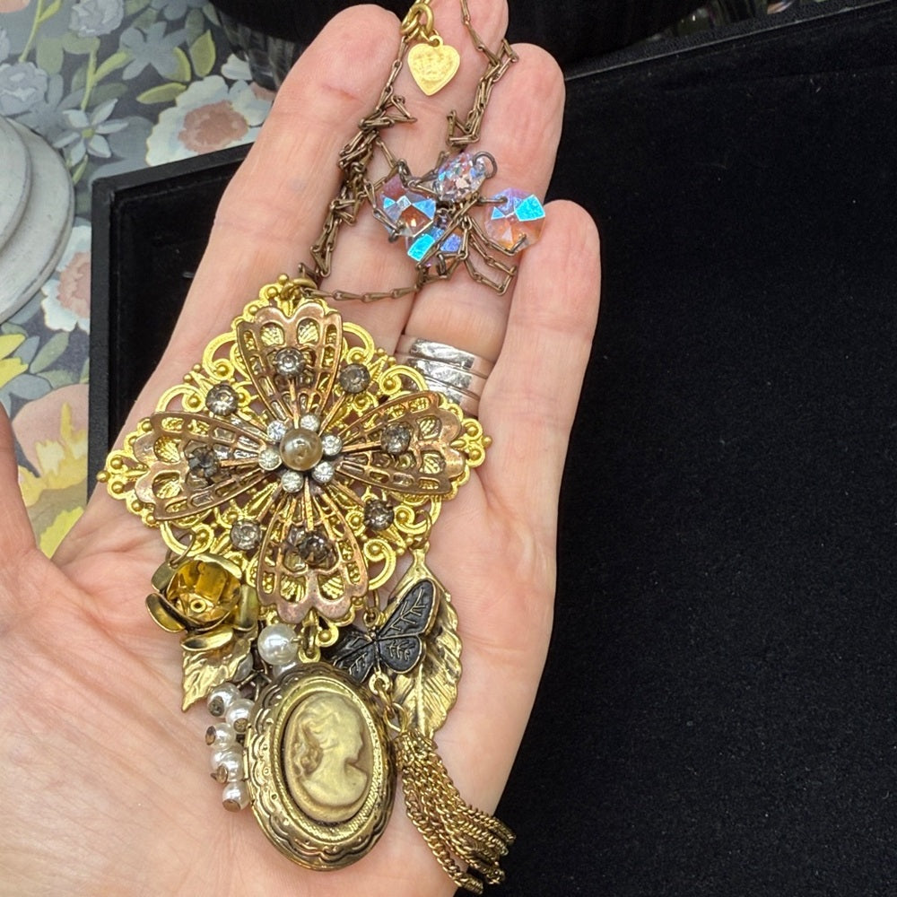 Adorned Crown Jewelry assemblage filigree and charm crystal long necklace