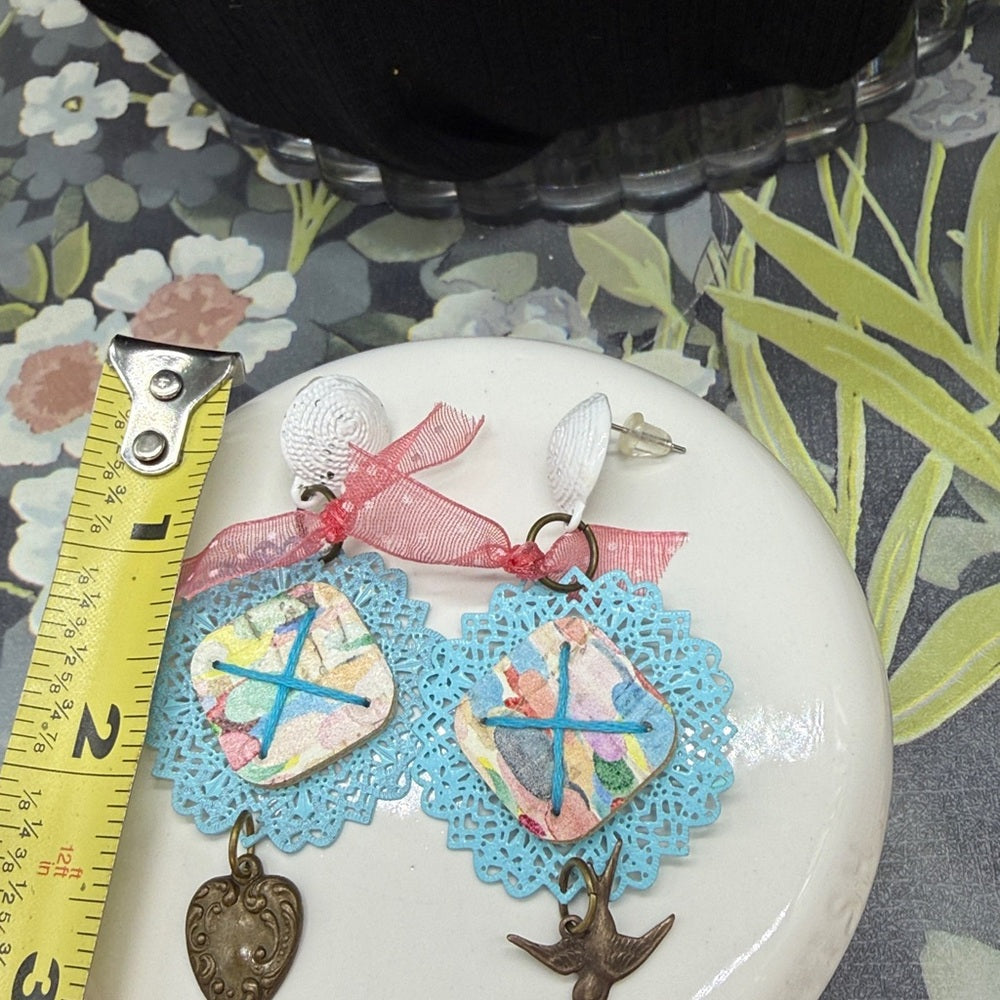 Adorned Crown Jewelry assemblage teal multi color bird heart earrings