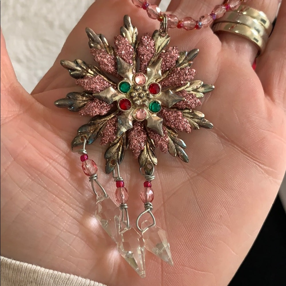 Adorned Crown artisan assemblage pink crystal snowflake necklace