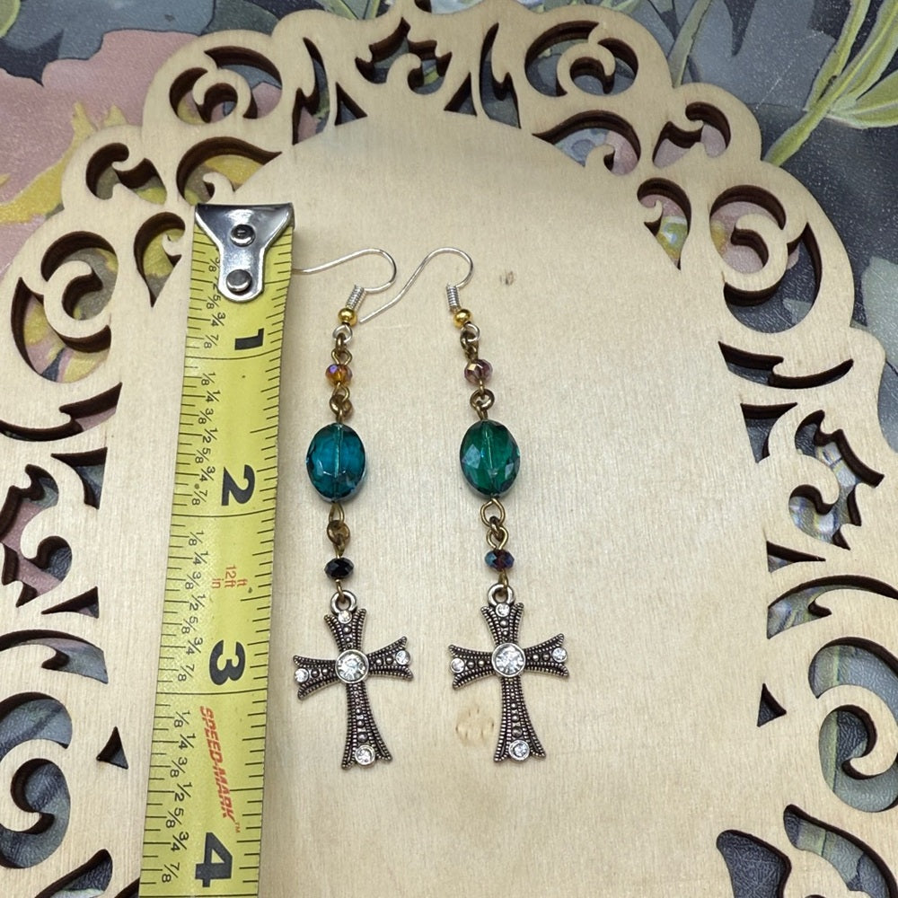 Adorned Crown Jewelry assemblage green crystal bead cross long earrings