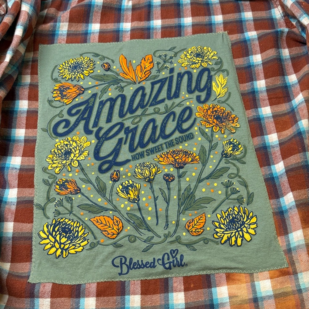 Adorned Crown Jewelry textile altered flannel amazing grace button down sz Med