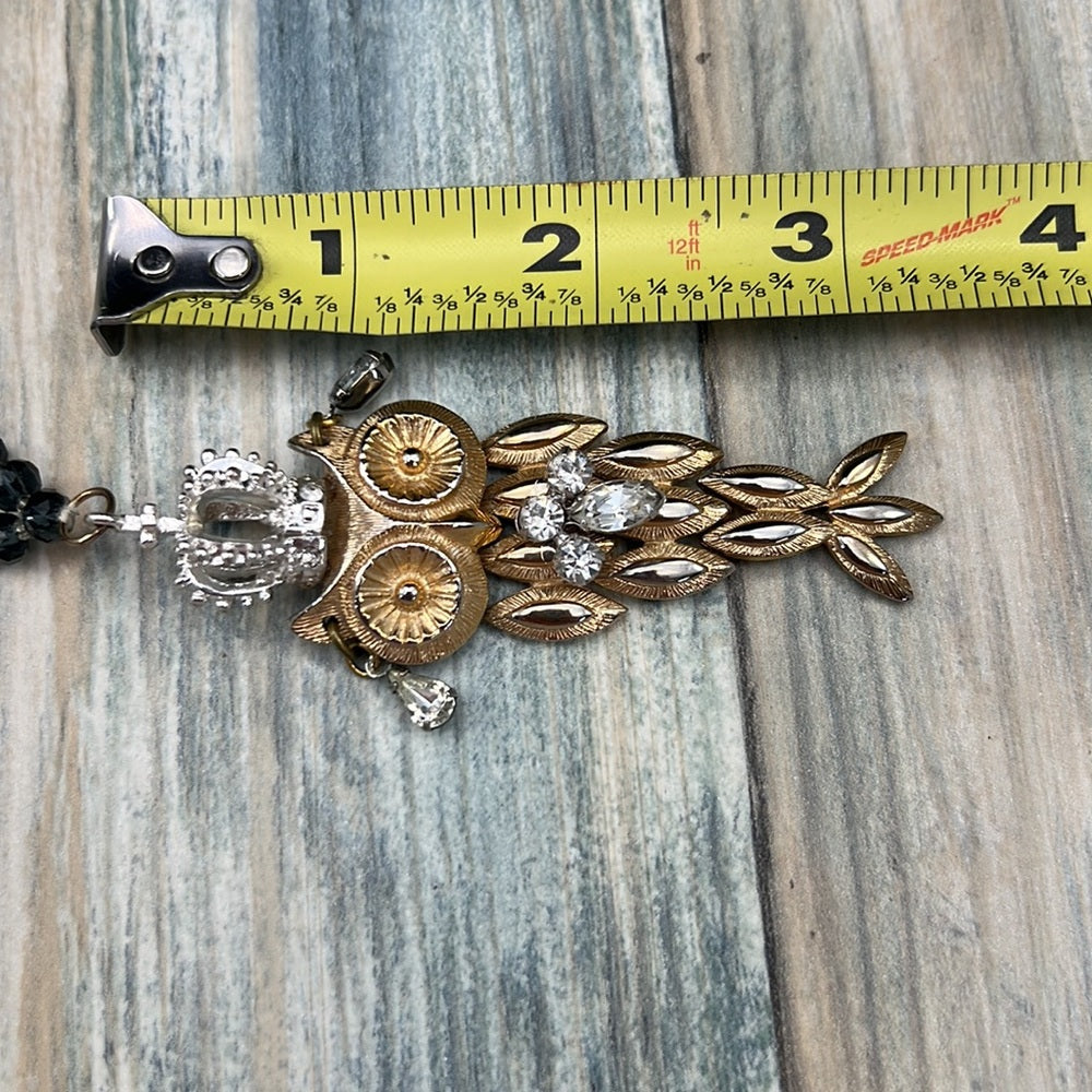 Adorned Crown Artisan Assemblage crowned owl rhinestone beaded long necklace