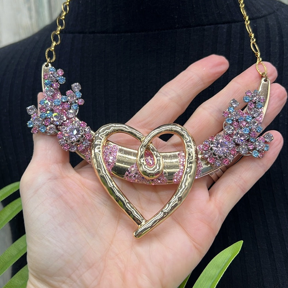 Adorned Crown Jewelry pink blue rhinestone heart bib necklace