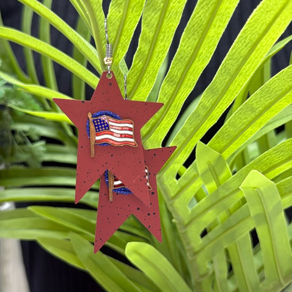 Adorned Crown Jewelry assemblage Red Star Dangle Earrings with enamel flags