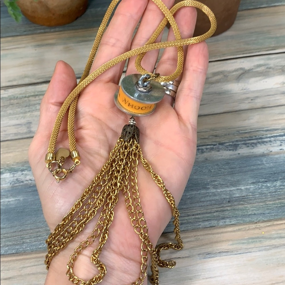 Adorned Crown artisan assemblage yellow washer tassel steampunk necklace