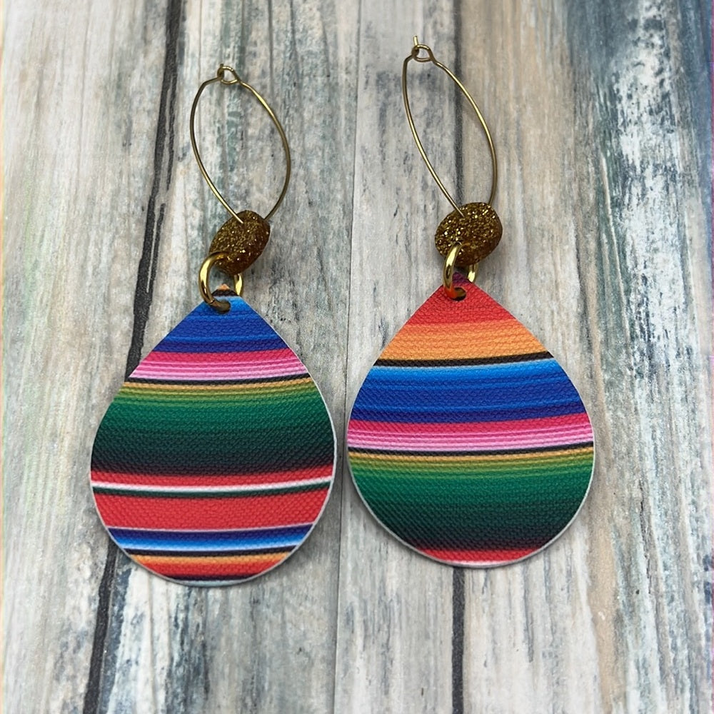 Adorned Crown Artisan faux leather rainbow glitter drop oval hoop earrings