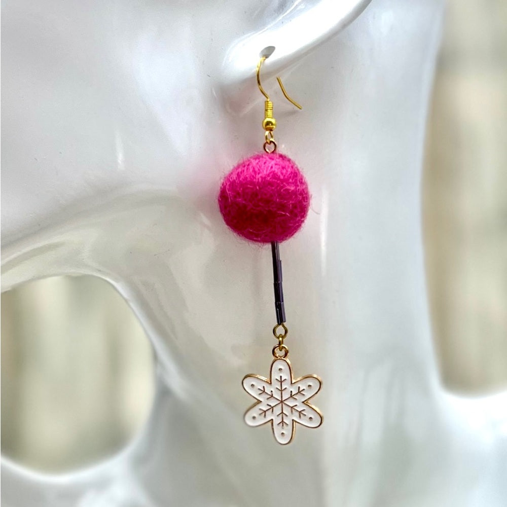 Adorned Crown Jewelry assemblage Christmas earrings pink wool ball snowflake