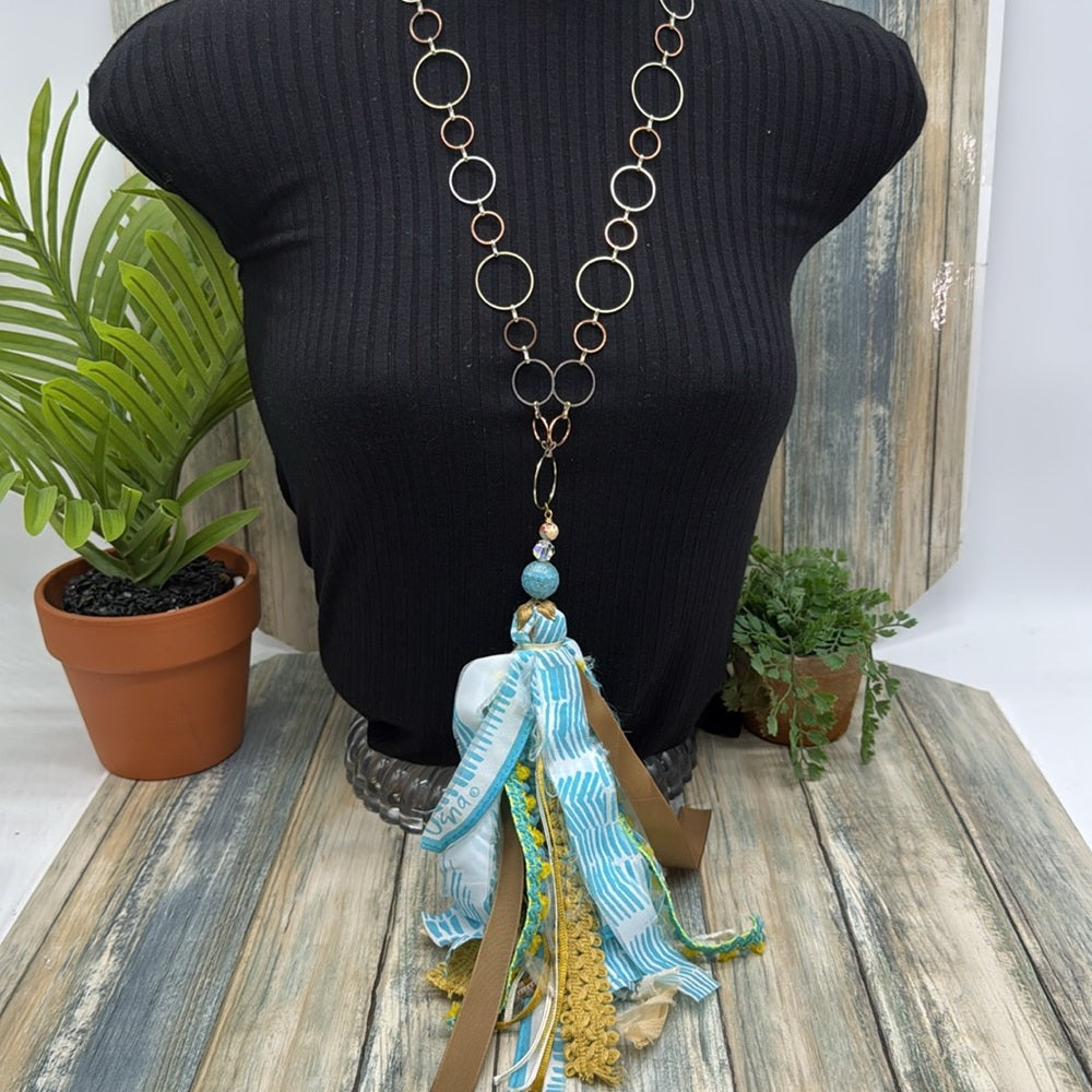 Adorned Crown Jewelry assemblage Bohemian silk ribbon Tassel Necklace Blue