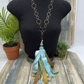 Adorned Crown Jewelry assemblage Bohemian silk ribbon Tassel Necklace Blue