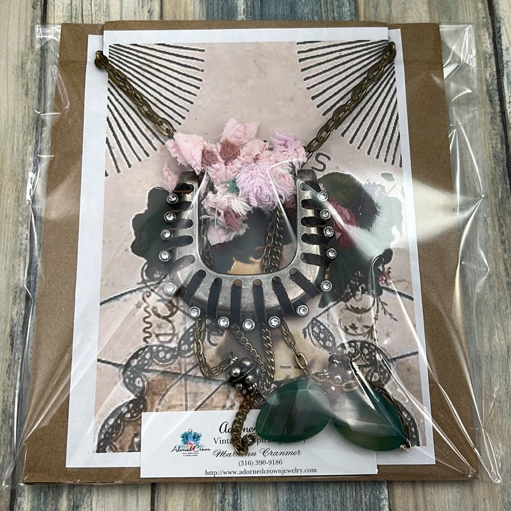 Adorned Crown cowgirl collection pink belt buckle green stone drop necklace