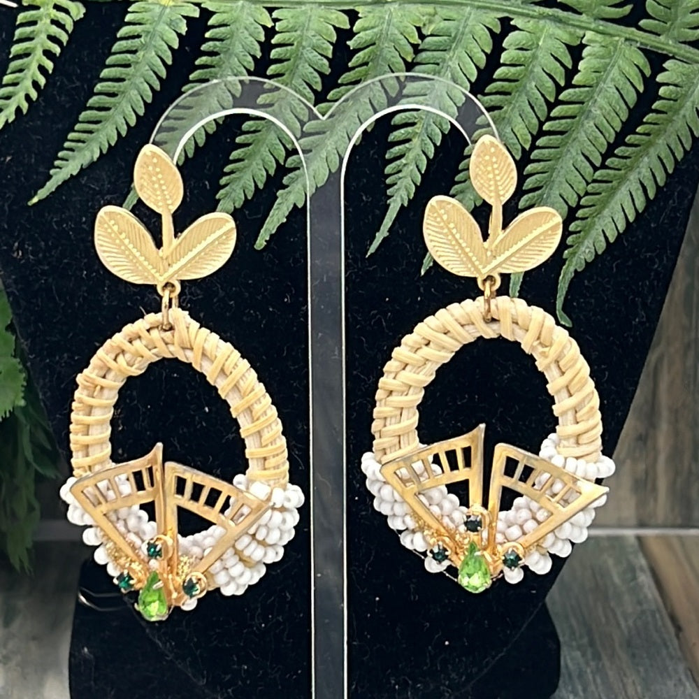 Adorned Crown Artisan Assemblage woven oval green detail leaf post earrings