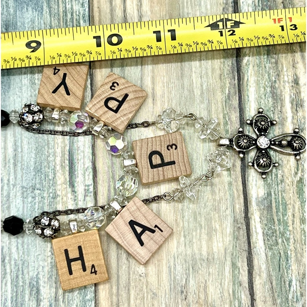 Adorned Crown Jewelry HAPPY jet black crystal bead cross necklace