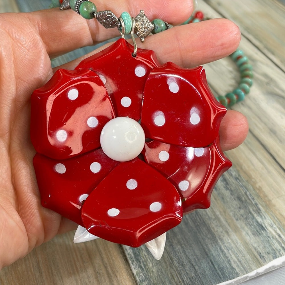 Adorned Crown Artisan assemblage enamel flower Turquoise silver necklace