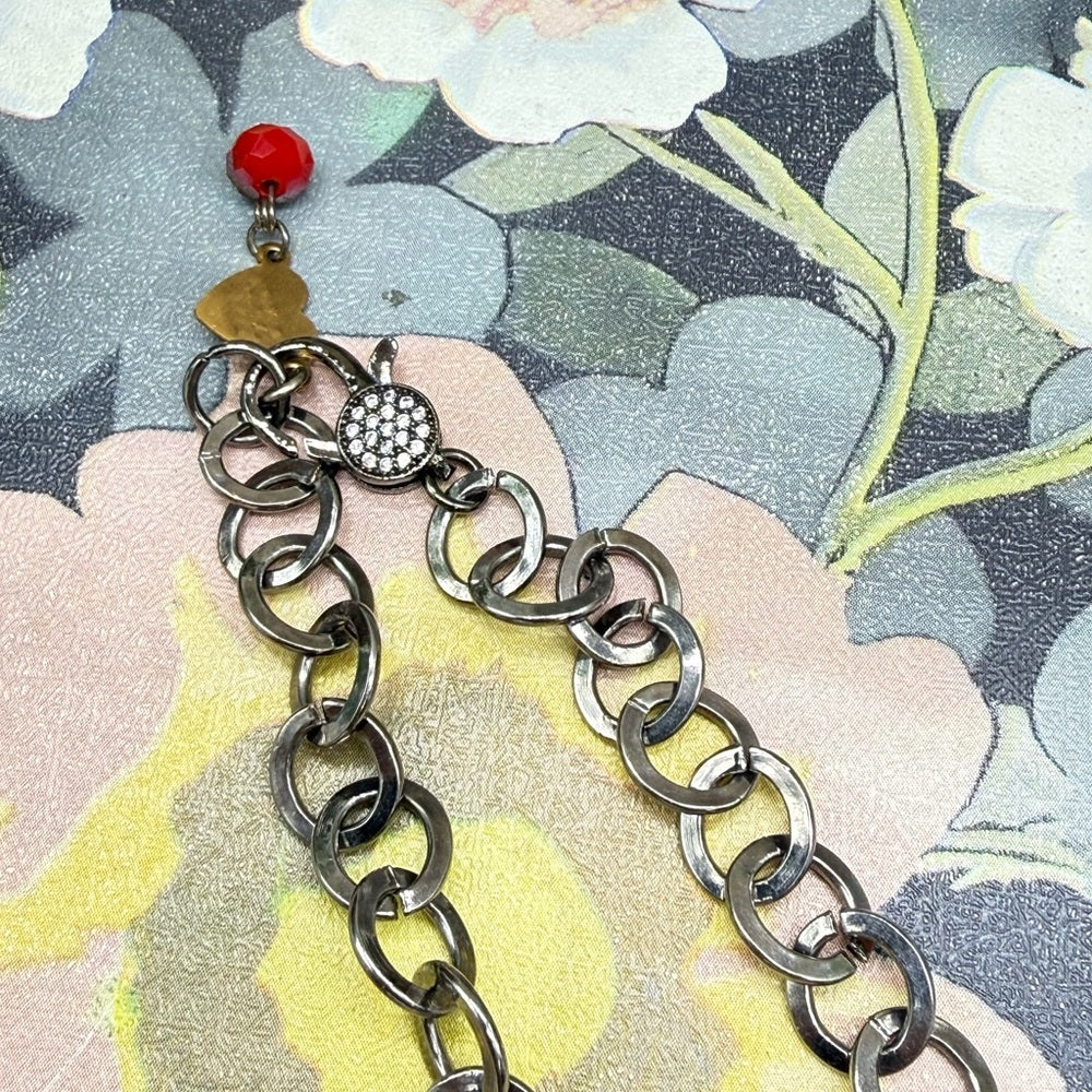 Adorned Crown Jewelry assemblage red heart bead crystal drop ribbon necklace