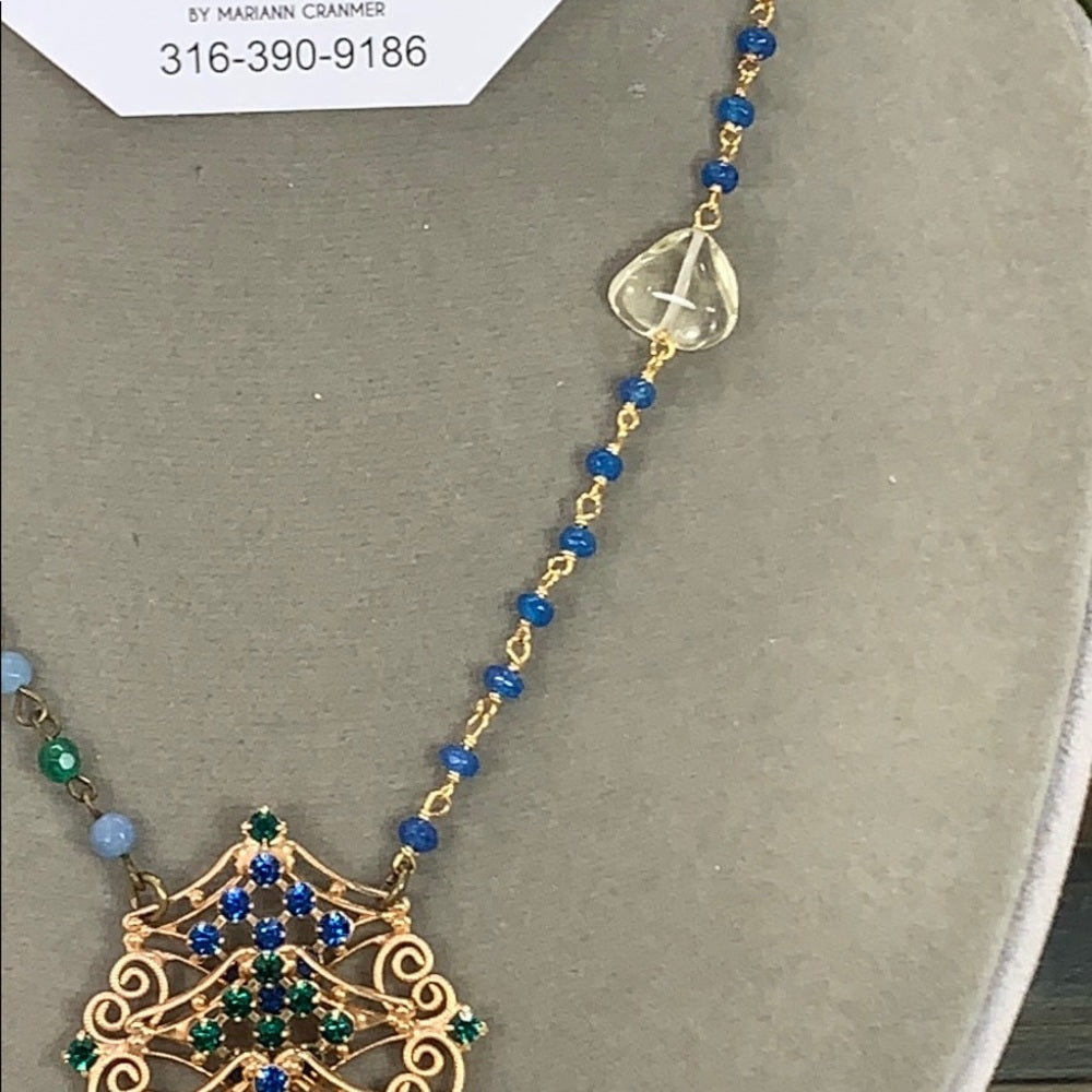 Adorned Crown artisan assemblage green rhinestone drop necklace