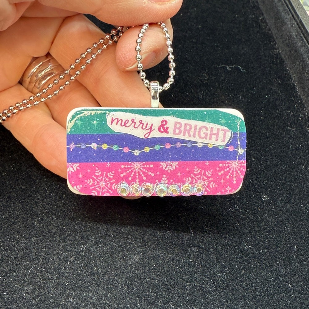 Adorned Crown Jewelry assemblage Christmas merry & bright domino necklace