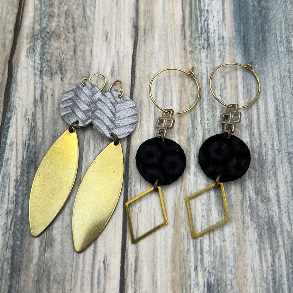 2 pair Adorned Crown Artisan Assemblage leather gray gold charm earrings