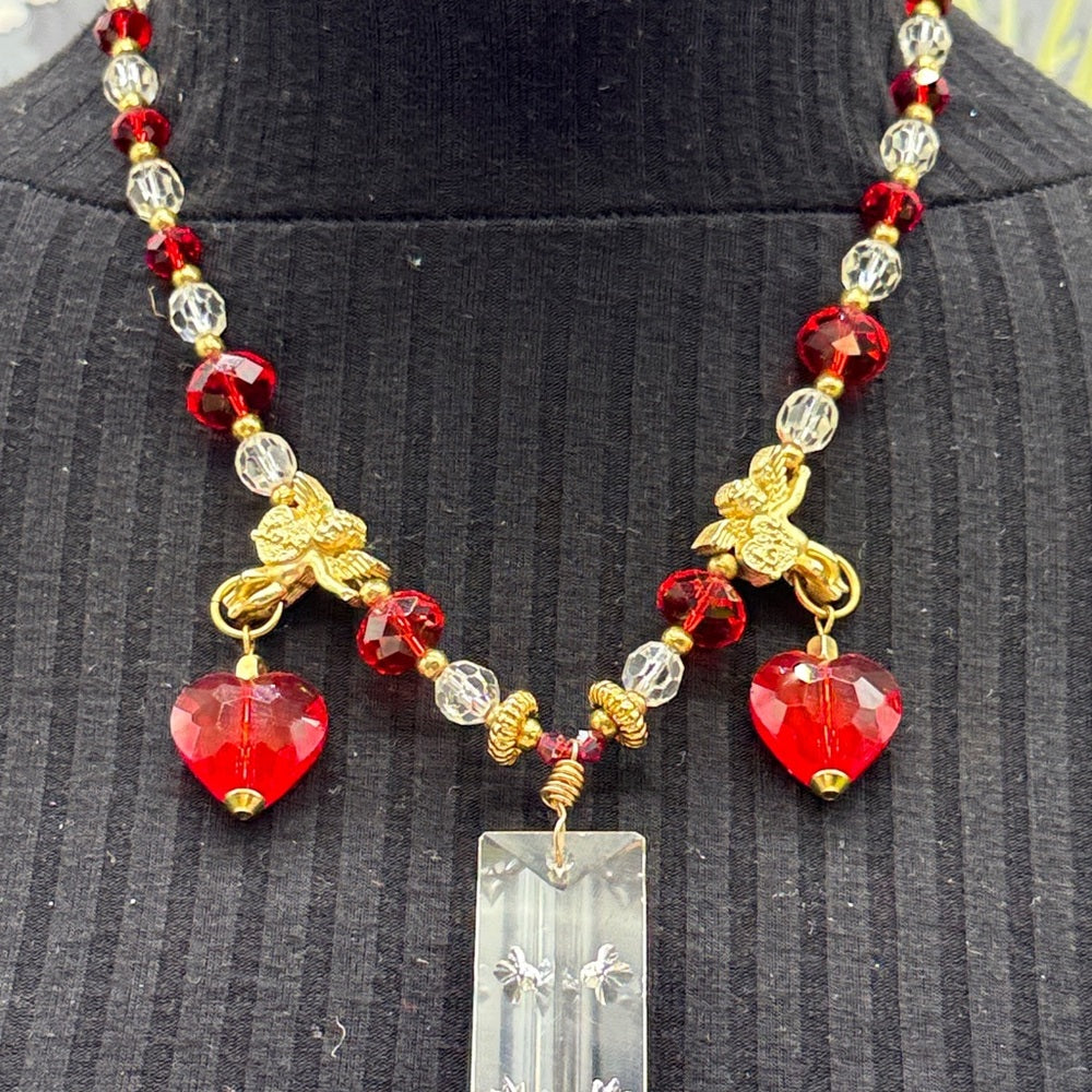 Adorned Crown Jewelry assemblage glass crystal red bead cherub necklace