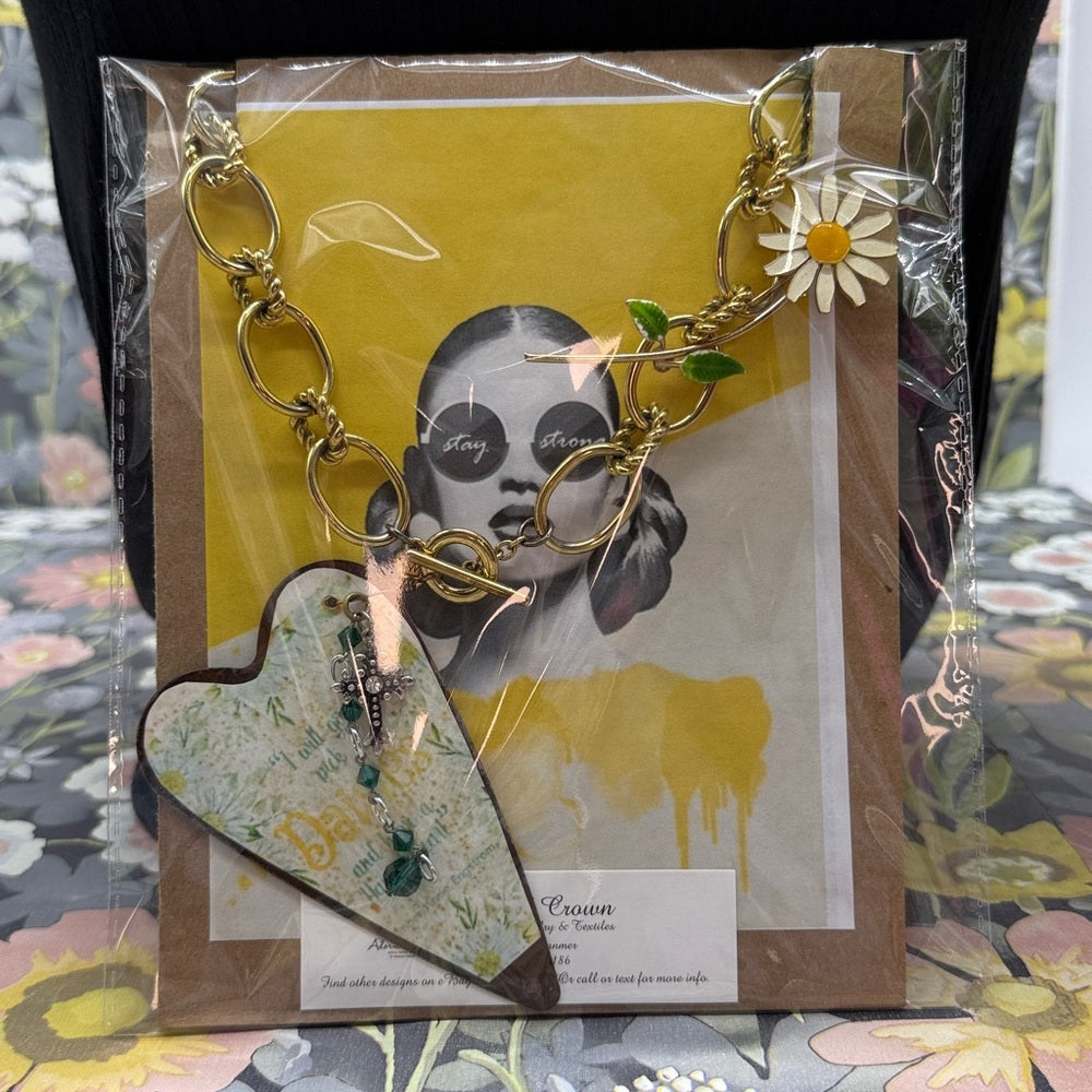 Adorned Crown Jewelry assemblage yellow rusty heart daisy flower necklace