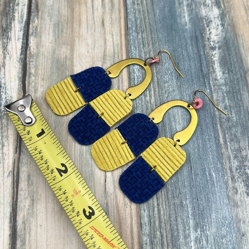 Adorned Crown leather color block yellow blue arc earrings