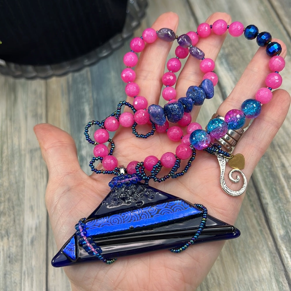 Adorned Crown Artisan Assemblage dichroic triangle faceted bead necklace