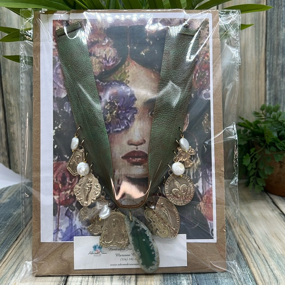 Adorned Crown Jewelry steampunk leather choker religious charm pearl necklace
