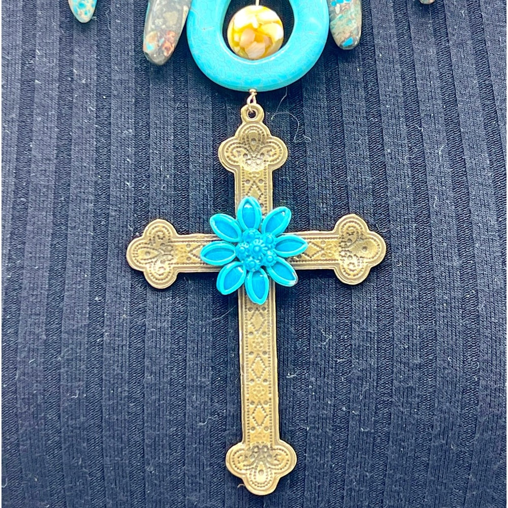 Adorned Crown Jewelry artisan assemblage enamel turquoise cross necklace