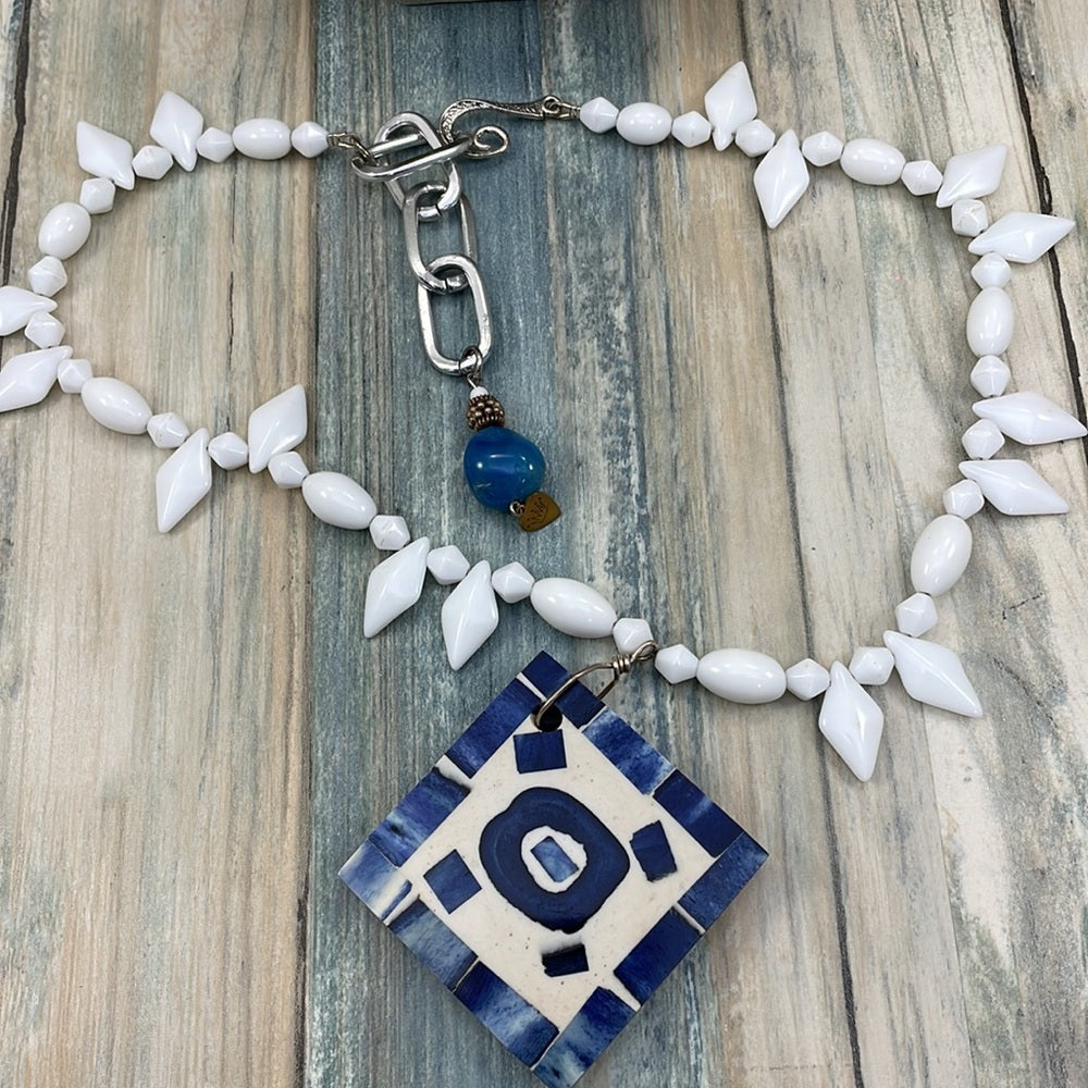Adorned Crown Artisan Assemblage “make a statement” blue mosaic necklace