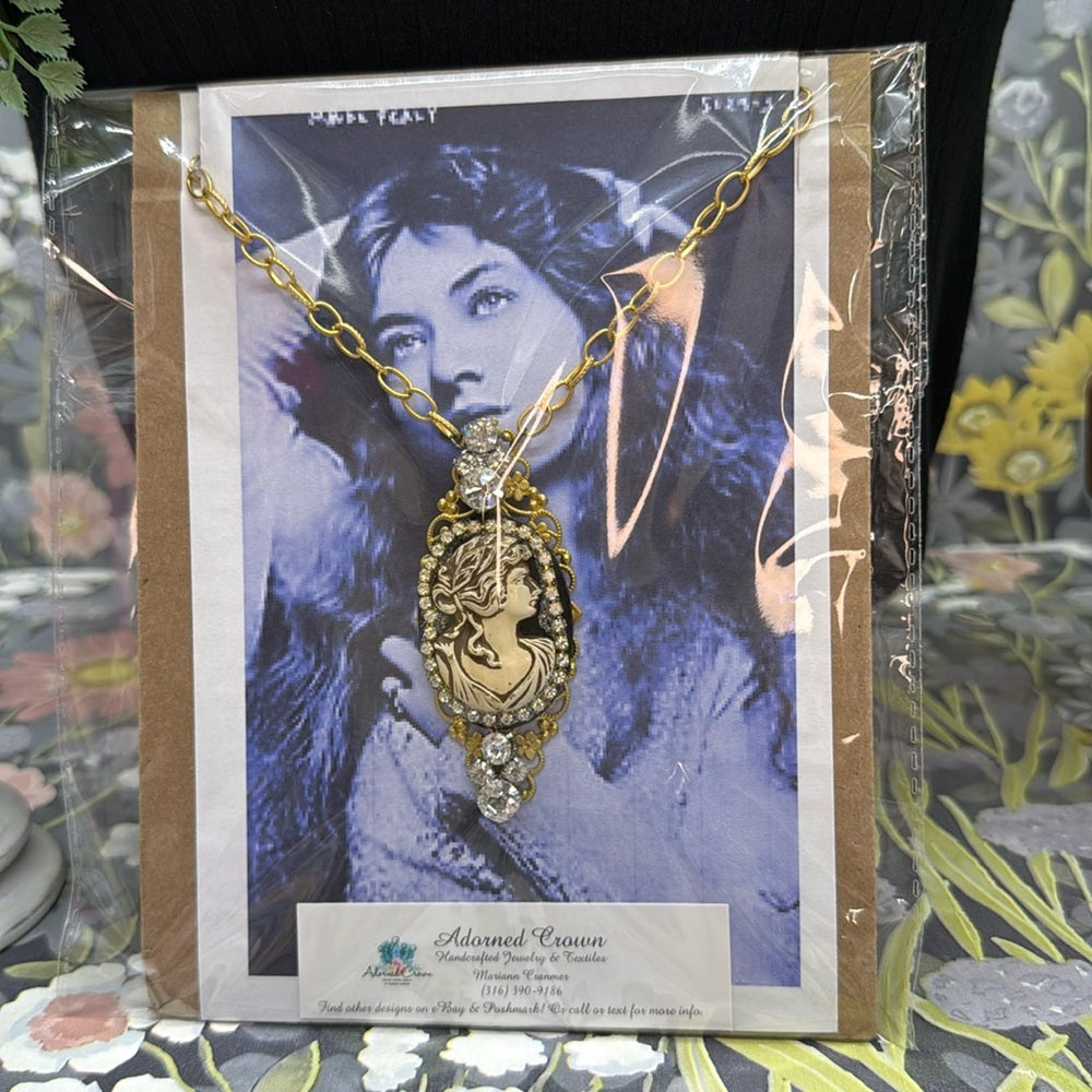 Adorned Crown Jewelry filigree resin cameo rhinestone pendant necklace