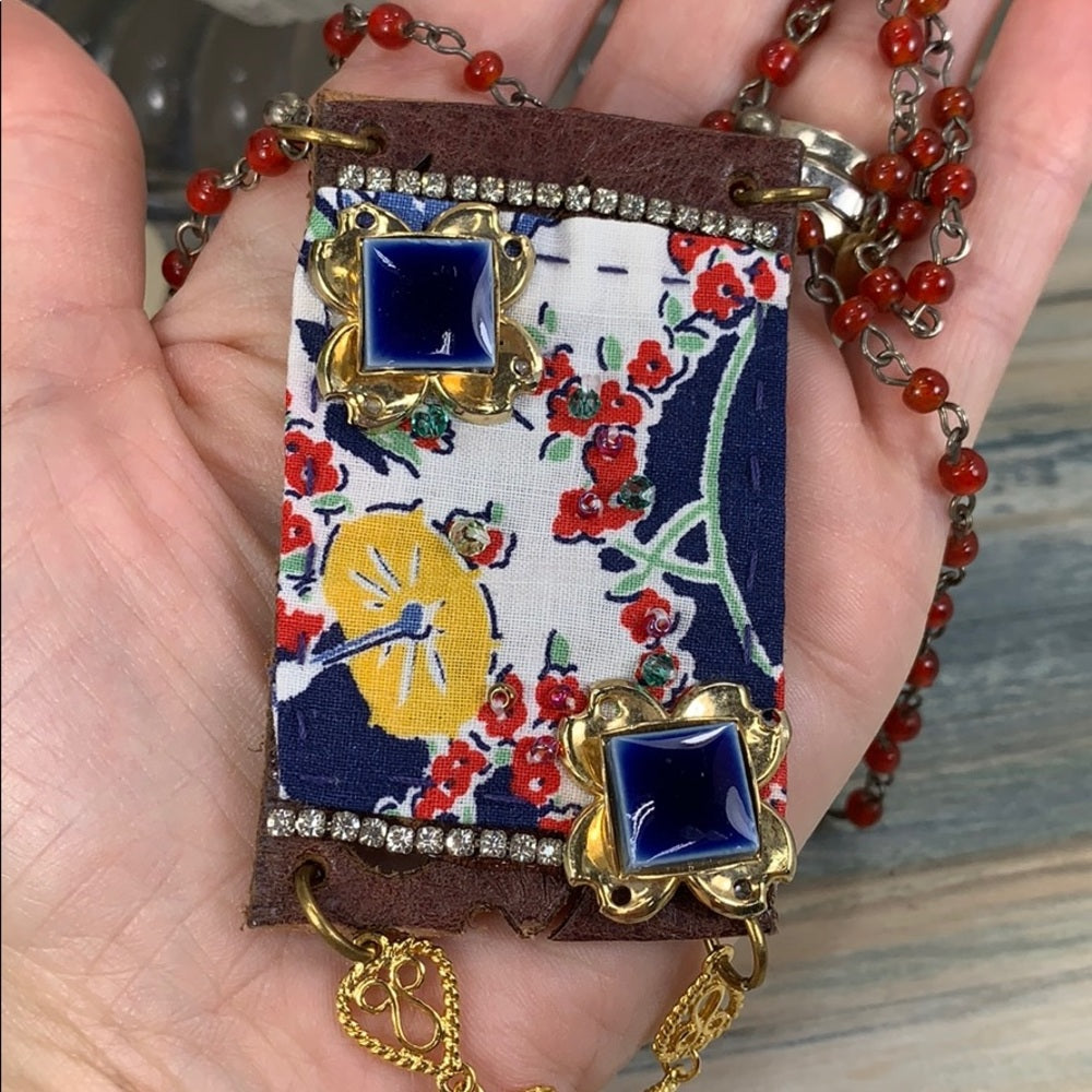 Adorned Crown artisan assemblage crazy quilted leather boho bead necklace