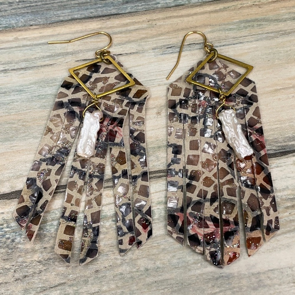 Adorned Crown brass leather animal print fringe pearl drop earrings