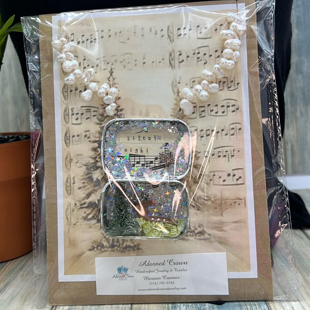 Adorned Crown Jewelry assemblage Christmas silent night shadow box necklace
