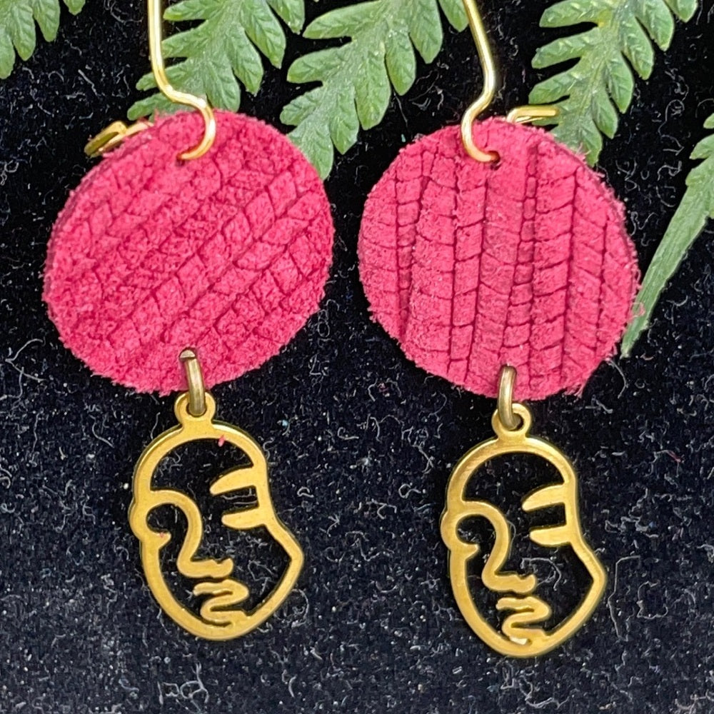 Adorned Crown geometric face drop red leather earrings