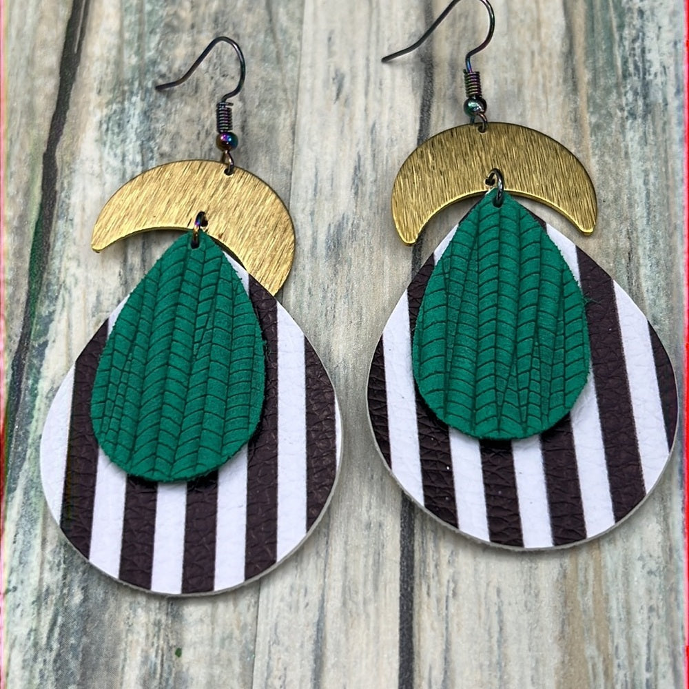 Adorned Crown Artisan Assemblage leather crescent green stripe earrings