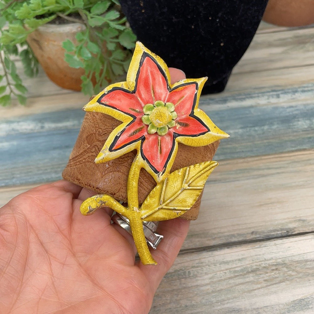 Adorned Crown assembled leather cuff enamel flower mid century boho bracelet