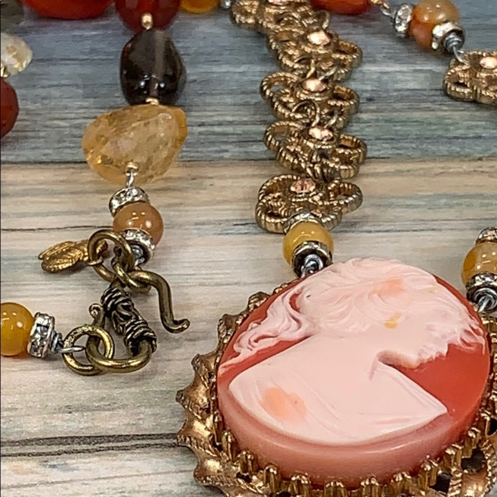 Adorned Crown artisan assemblage cameo citrine carnelian bead necklace