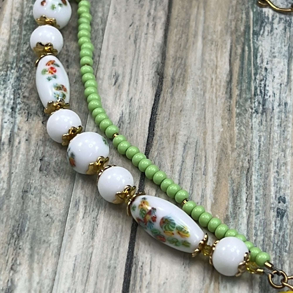 Adorned Crown Jewelry Artisan Assemblage atomic green enamel flower necklace