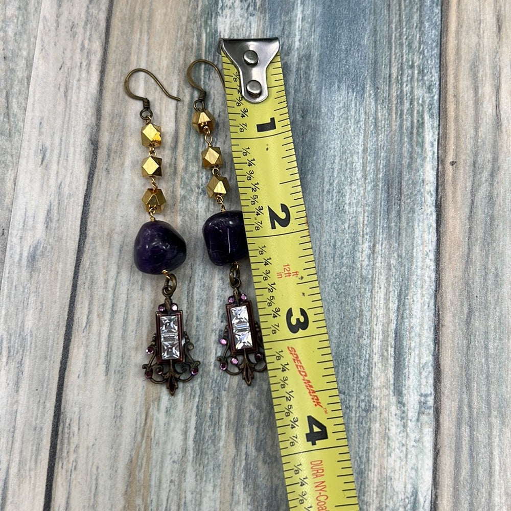 Adorned Crown Artisan Assemblage amethyst rhinestone gold cube earrings