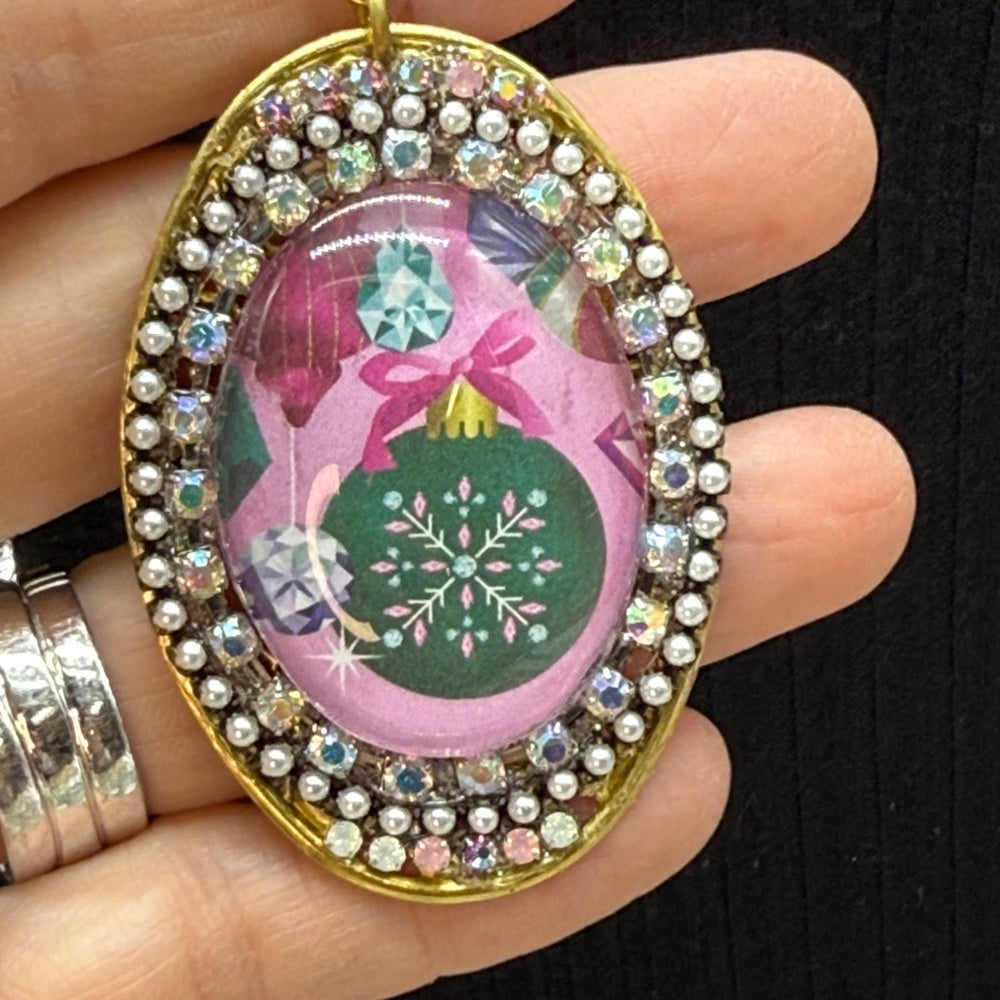 Adorned Crown Jewelry assemblage Christmas rhinestone bezel ornament necklace