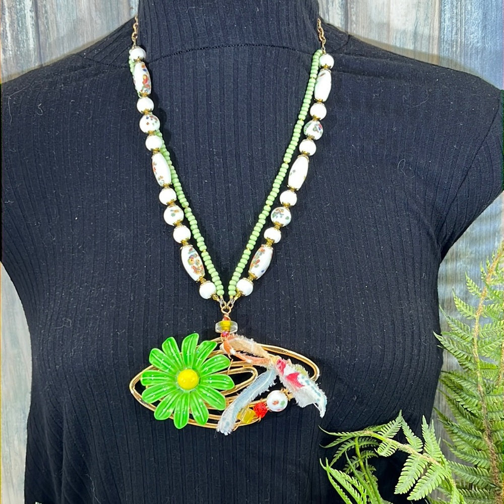 Adorned Crown Jewelry Artisan Assemblage atomic green enamel flower necklace