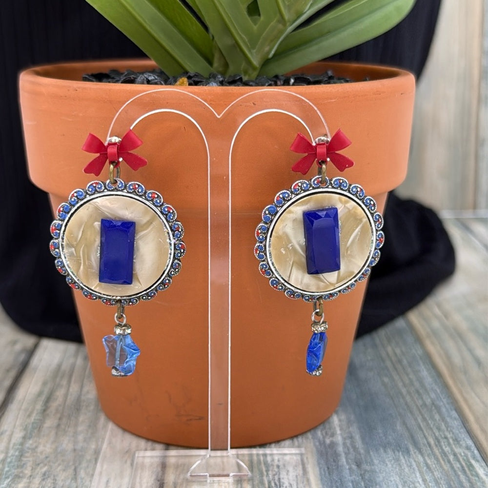 Adorned Crown Jewelry assemblage red bow mop blue cobalt star drop earrings