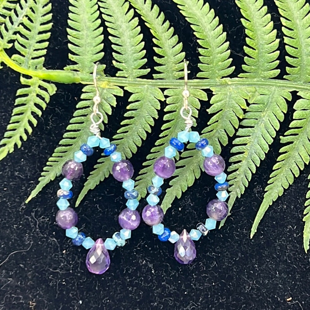 Adorned Crown Artisan Assemblage amethyst jasper blue crystal hoop earrings