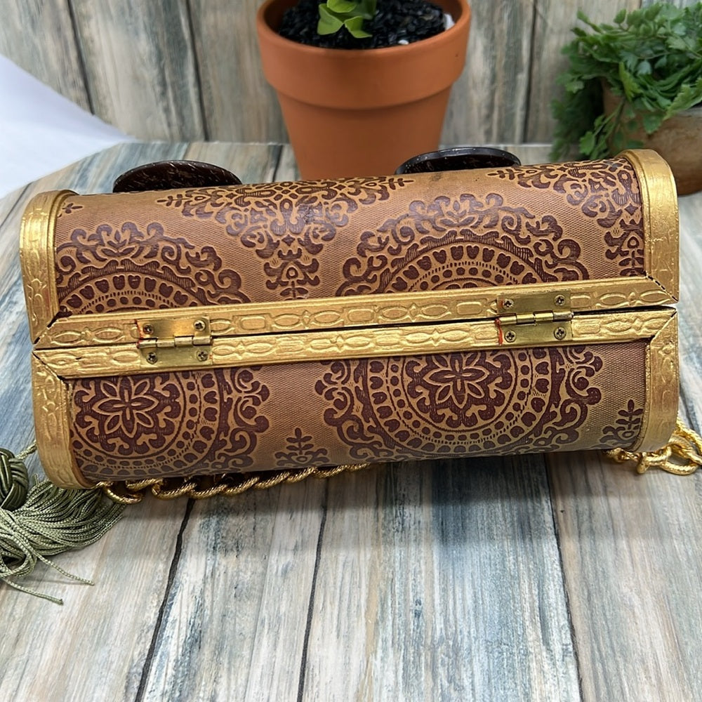Adorned Crown Altered wood hinged big button gold handle green tassel purse