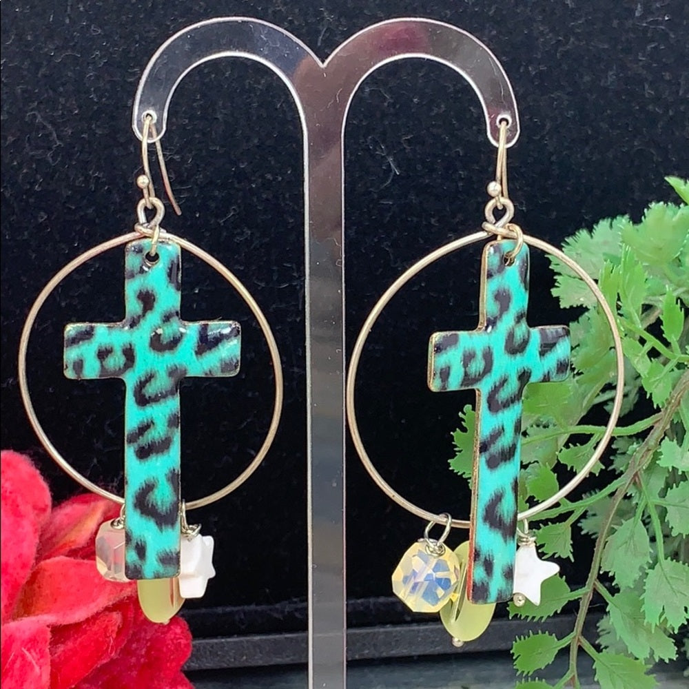 Adorned Crown assemblage teal leopard pattern cross gem drop earrings