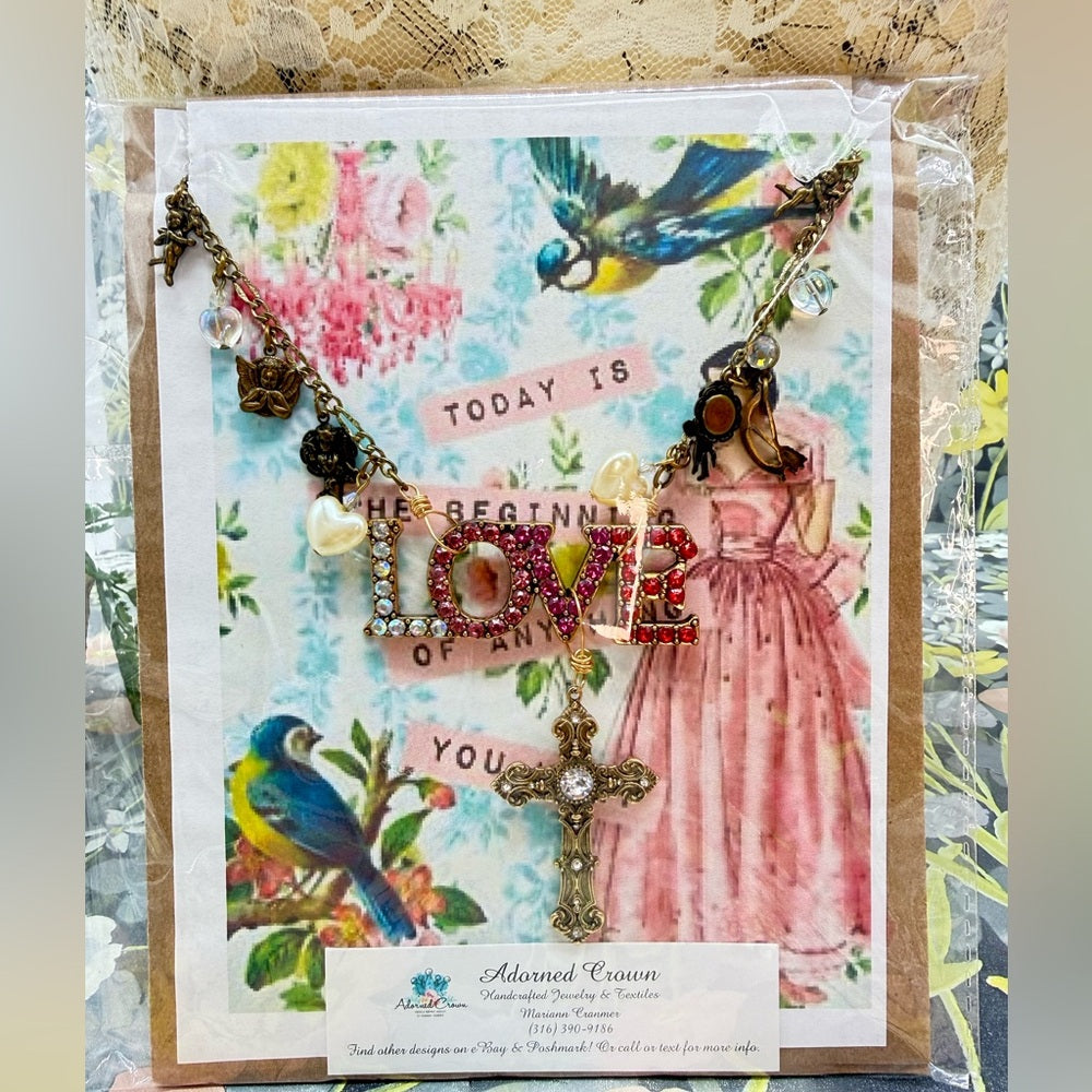 Adorned Crown Jewelry assemblage LOVE cherub charm crystal pendant necklace