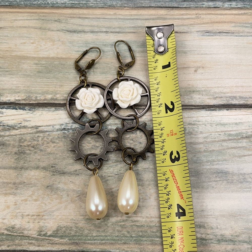 Adorned Crown assemblage steampunk gear white floral earrings