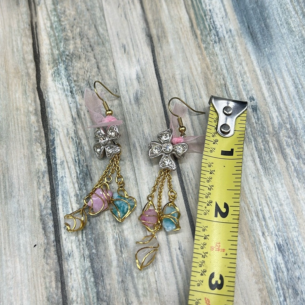 Adorned Crown Jewelry assemblage pink rhinestone bow triple stone earrings