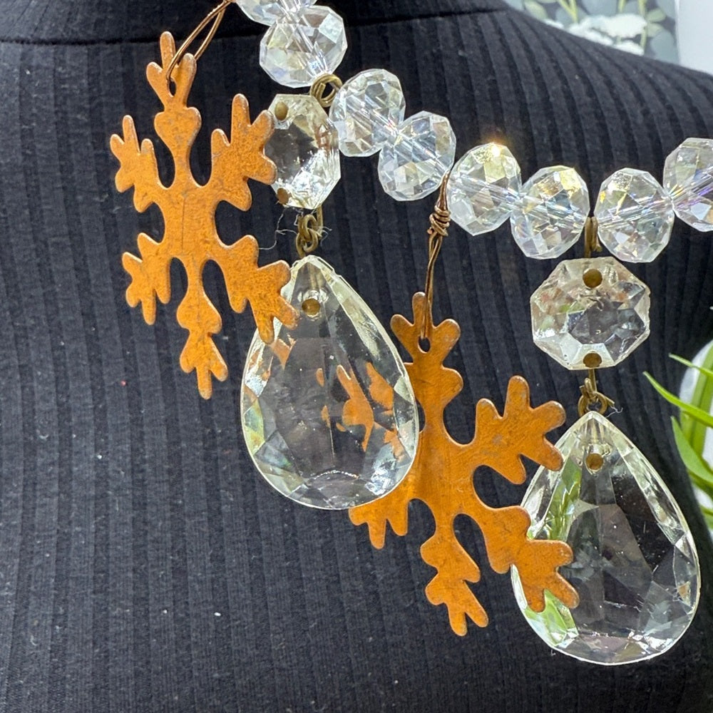 Adorned Crown Jewelry assemblage Christmas rusty snowflake crystal necklace